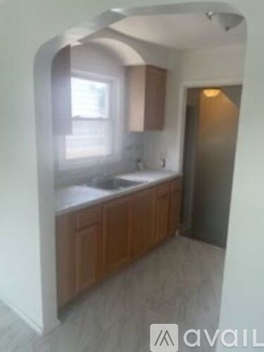 A kitchen with wooden cabinets and a window.