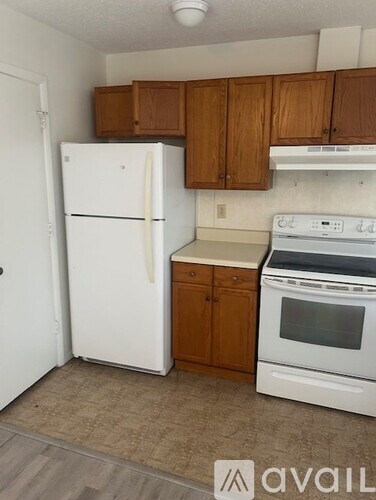 A kitchen with white appliances and wooden cabinets.