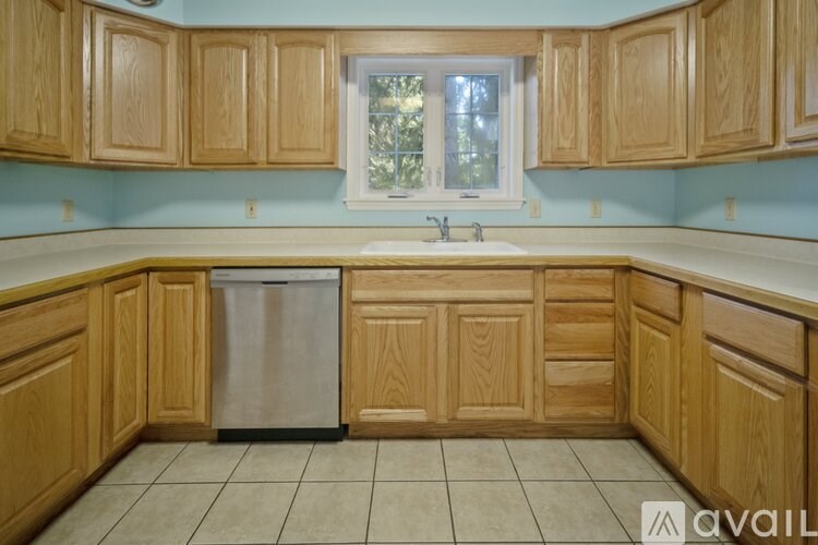 A kitchen with wooden cabinets and a window.