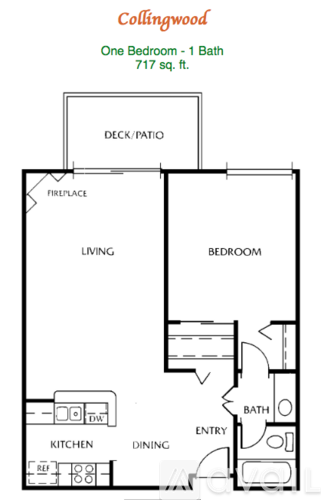 A floor plan of a one bedroom, one bath apartment at Collingwood.