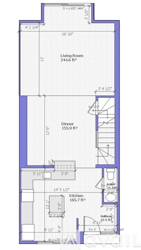 A blueprint of a house with a living room, dining room, and kitchen.
