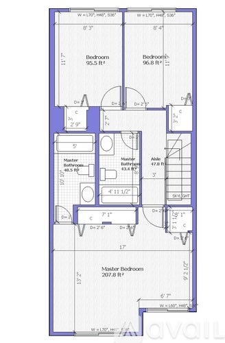 A blueprint of a house layout with two master bedrooms and two additional bedrooms.