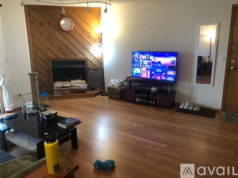 A living room with a television and a fireplace.