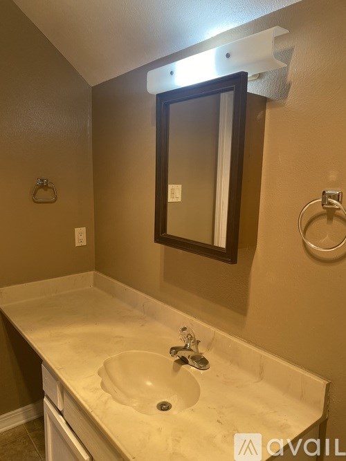 A bathroom with a white sink and a mirror above it.