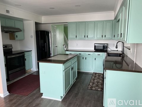 A kitchen with green cabinets and a black refrigerator.