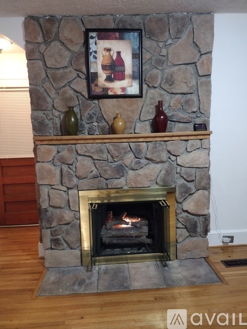 A stone fireplace with a fire burning inside.