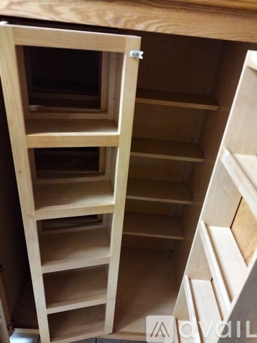 A wooden shelving unit with a hinged door is open.