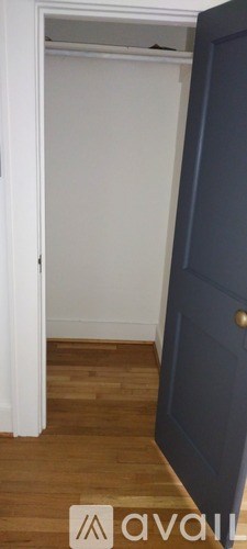 A white door is open to a room with a dark blue door.