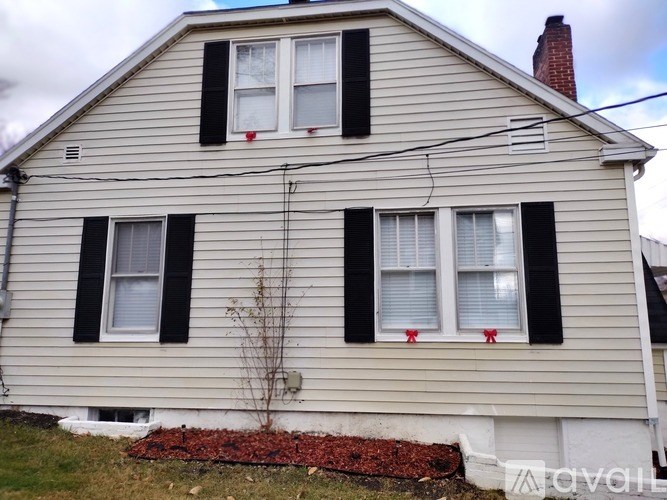 A house with a red brick chimney and a small tree in front.