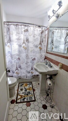 A bathroom with a toilet, sink, and shower curtain.