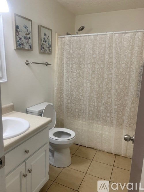 A bathroom with a toilet, sink, and shower curtain.