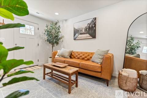 A living room with a couch, coffee table, and a plant.