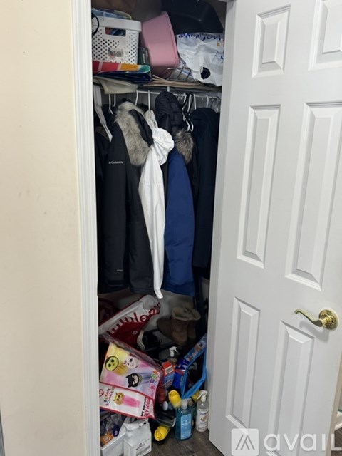 A white door is open to a closet full of clothes and other items.
