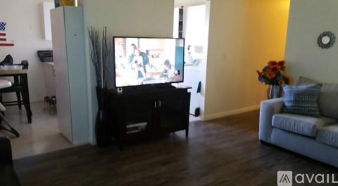 A living room with a television and a couch.