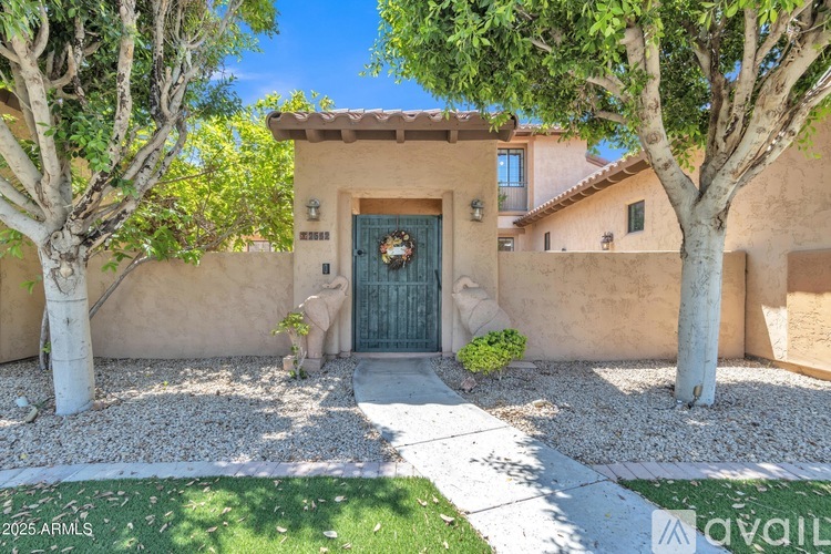 A house with a blue door and a sign that says "available" in the front yard.