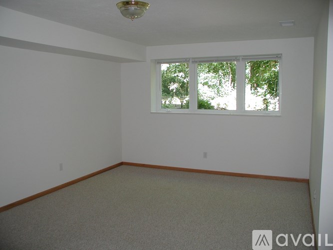 A room with a carpeted floor and a window with trees visible outside.
