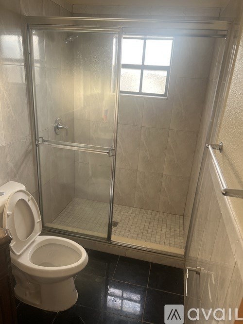 A bathroom with a toilet, walk in shower and a window.