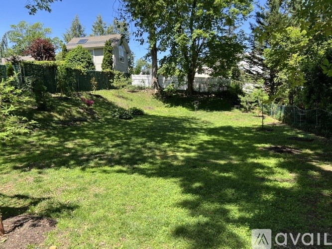 A backyard with a fence and trees.