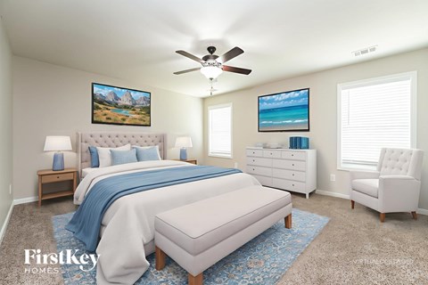 A bedroom with a large bed, a chair, and a painting on the wall.