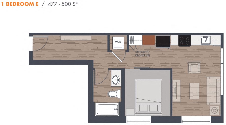 One Bedroom E Floor Plan at Metro Line Flats, Washington