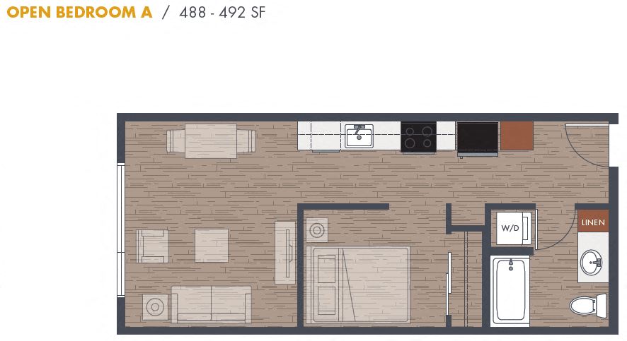 One Bedroom Floor Plan at Metro Line Flats, Seattle, WA