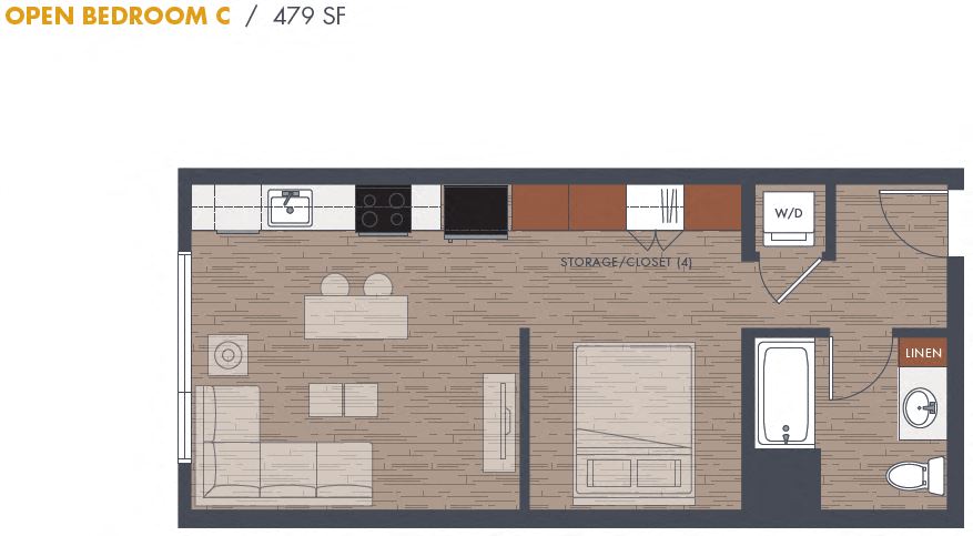 1 Bedroom 1 Bath Floor Plan at Metro Line Flats, Washington