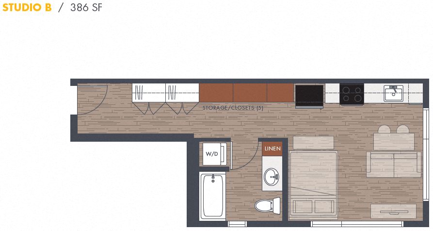 Studio B Floor Plan at Metro Line Flats, Washington, 98122