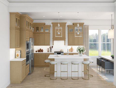A modern kitchen with wooden cabinets and a white island.