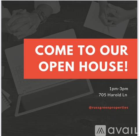 An advertisement for an open house event at 705 Harold Ln from 1pm-3pm.