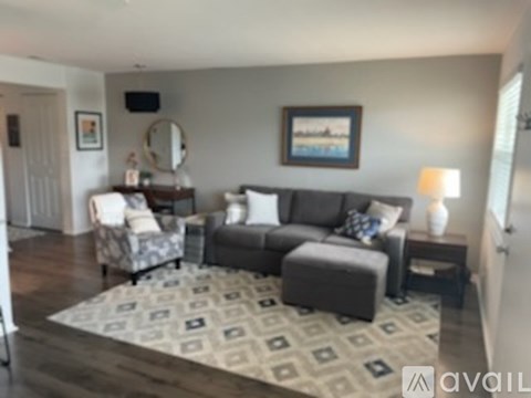 A living room with a grey couch and a rug.