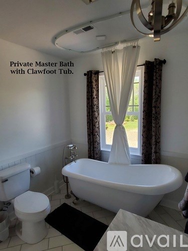 A bathroom with a claw foot tub and toilet.