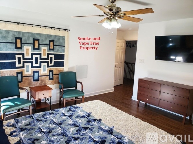 A living room with a rug, chairs, and a television.