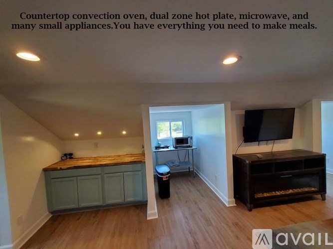 A kitchen area with a countertop convection oven, dual zone hot plate, microwave, and many small appliances.