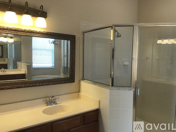 A bathroom with a sink, mirror, and shower.