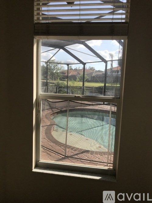 A pool seen through a window.