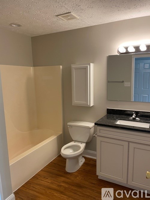 A bathroom with a toilet, sink, and mirror.