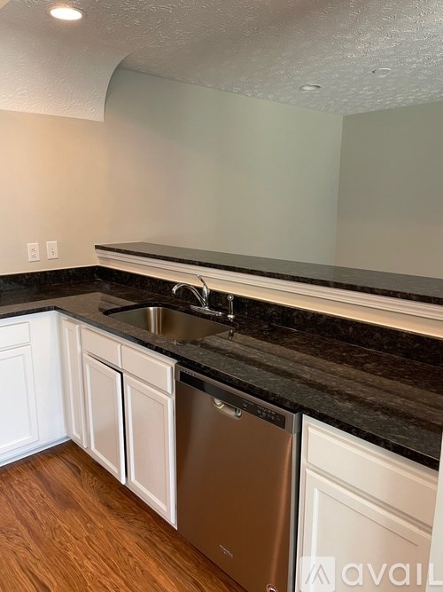 A kitchen with a black countertop and a stainless steel dishwasher.