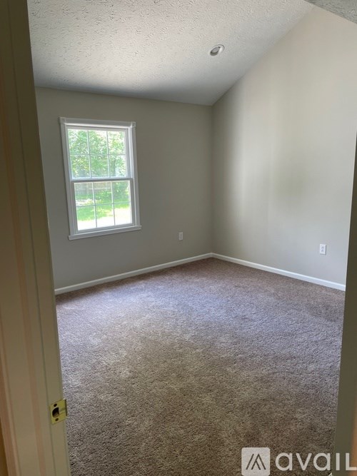 A room with a carpeted floor and a window.