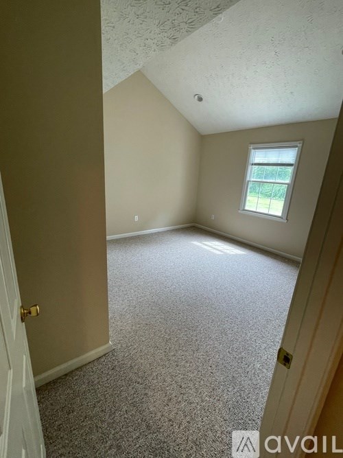 A room with a carpeted floor and a window.