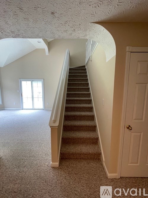 A carpeted staircase with a white door on the right.