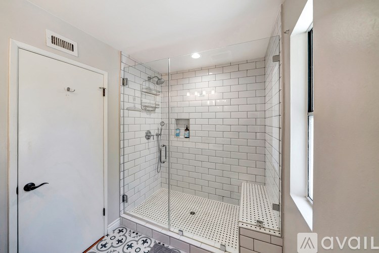 A bathroom with a walk-in shower and a white door.