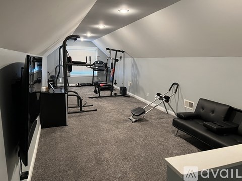 A well-equipped home gym with a variety of exercise equipment.