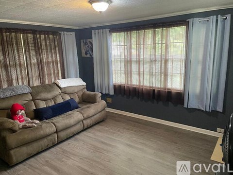 A living room with a brown couch and a window with curtains.