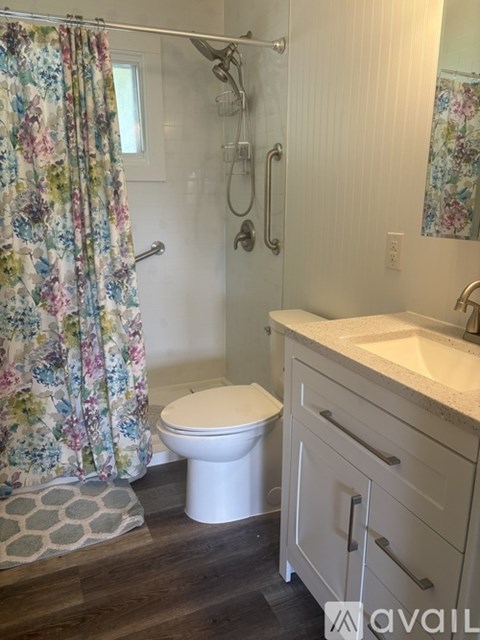 A bathroom with a floral shower curtain and a white toilet.