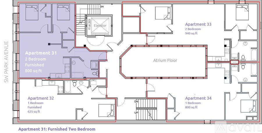 A floor plan of an apartment complex with four apartments, each with different numbers of bedrooms and sizes.