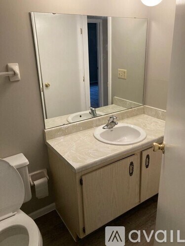 A bathroom with a toilet, sink and mirror.