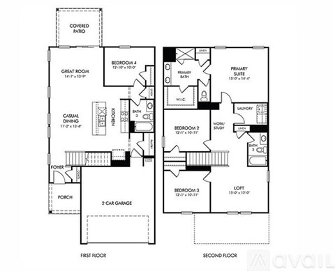 A floor plan of a two-story house with labeled rooms and dimensions.
