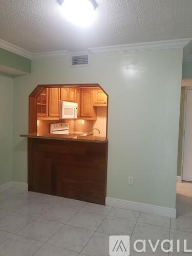 A kitchen area with a counter and cabinets.