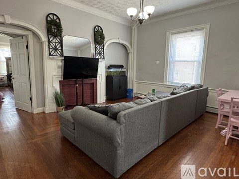 A living room with a grey couch and a television.