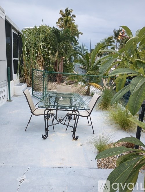 A glass table with metal legs and a glass top is surrounded by green plants.
